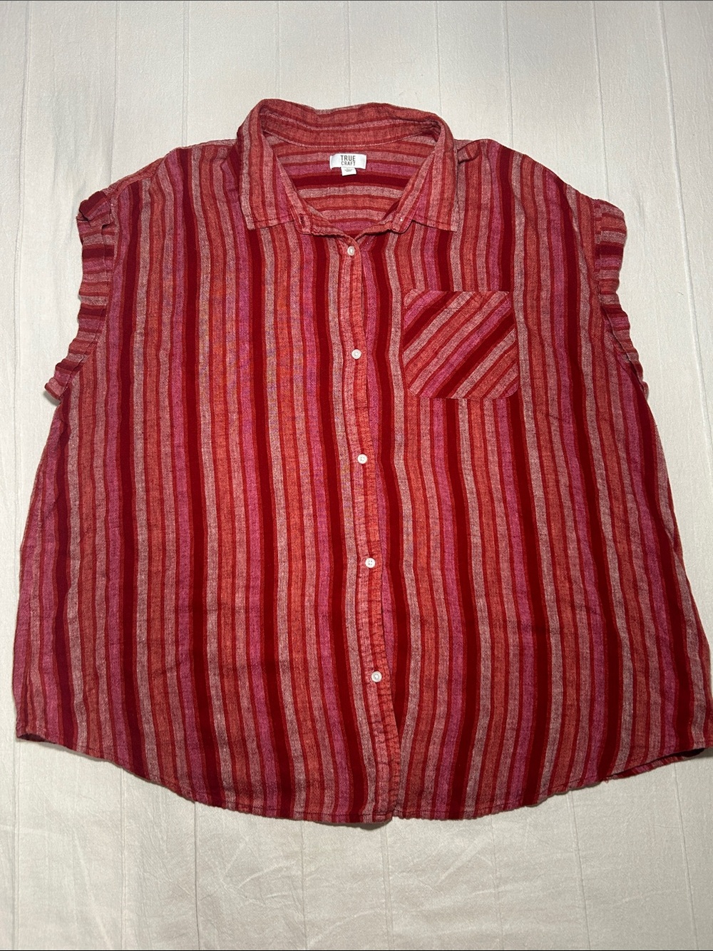 True Craft Linen Blend Red Pink Striped Button Down Tank Top Blouse Plus 2X